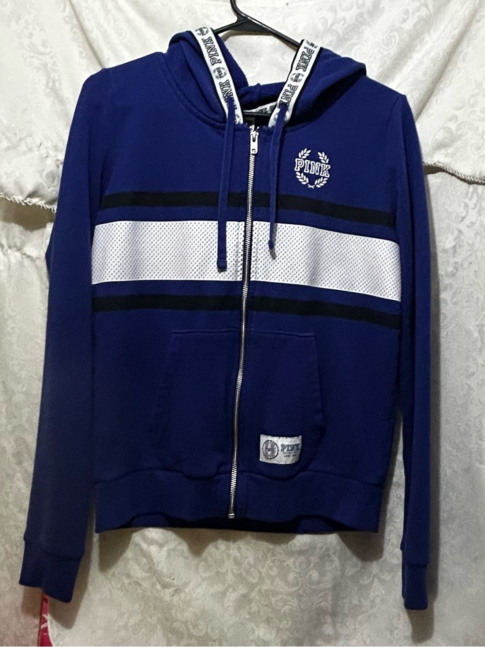 Victoria's Secret PINK Royal Blue Hoodie with White Label and Red Accents